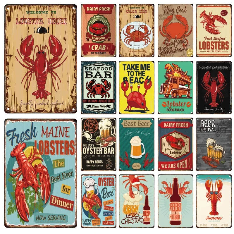 Lobster Beer Crab Metal Poster Signage Tin Painting Vintage Food Advertising Sign Home Restaurant Kitchen Wall Art Decor Mural