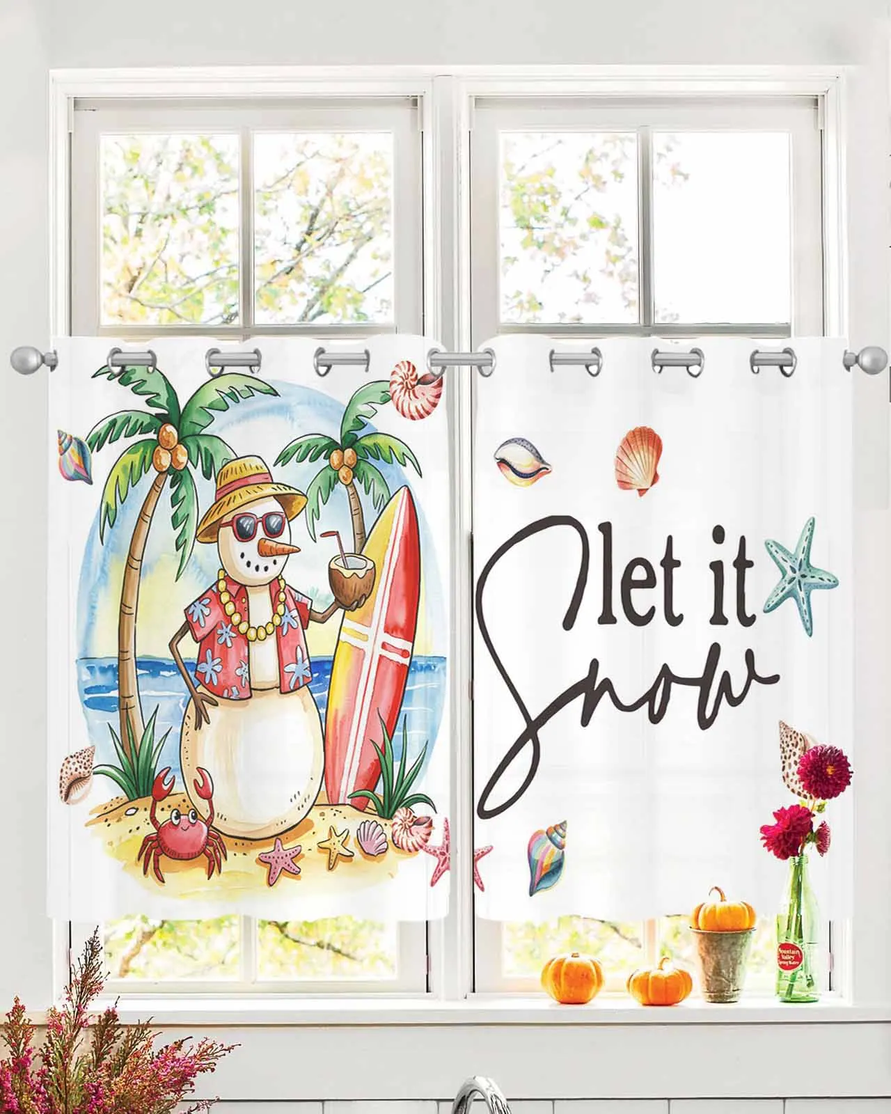 

2pcs Tulle Window Curtains Watercolor Beach Snowman Coconut Tree for Living Room Bedroom Chiffon Sheer Voile Window Curtain