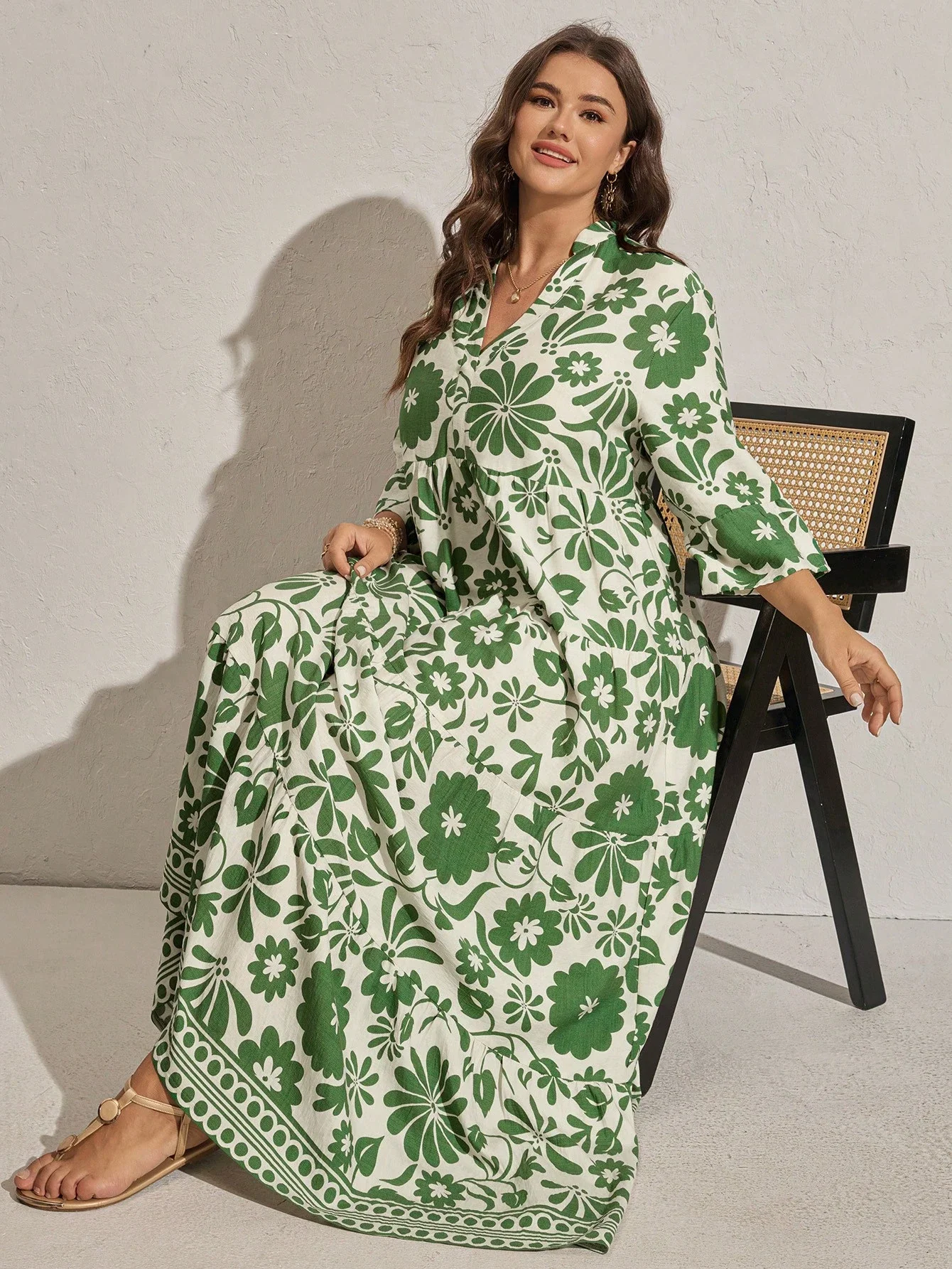 

Plus Size Women Floral Print Flare Sleeve Tiered Maxi Dress Beach Vacation Summer Dress