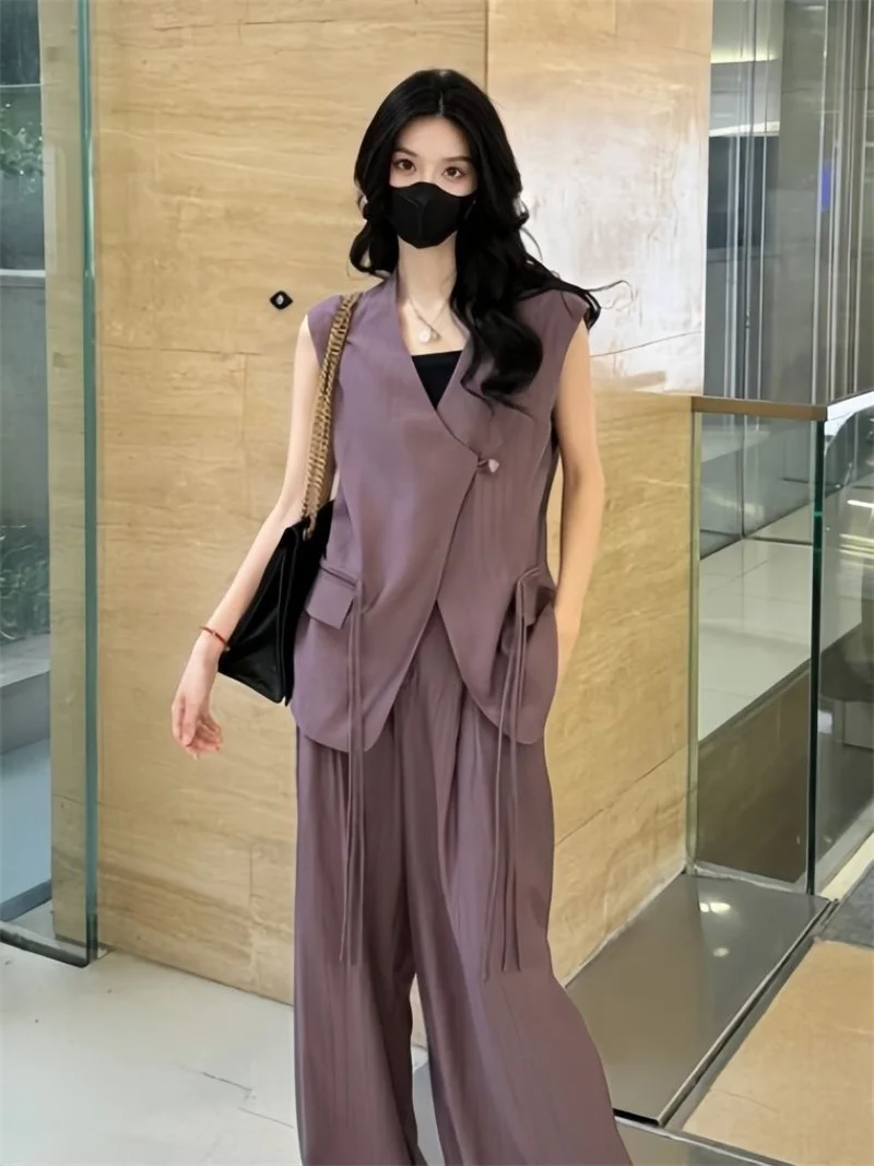 2024 Summer New Style Paired With Women's Style V-neck Sleeveless Suit Top+High Waist Wide Leg Pants for Slimming Two Piece Set