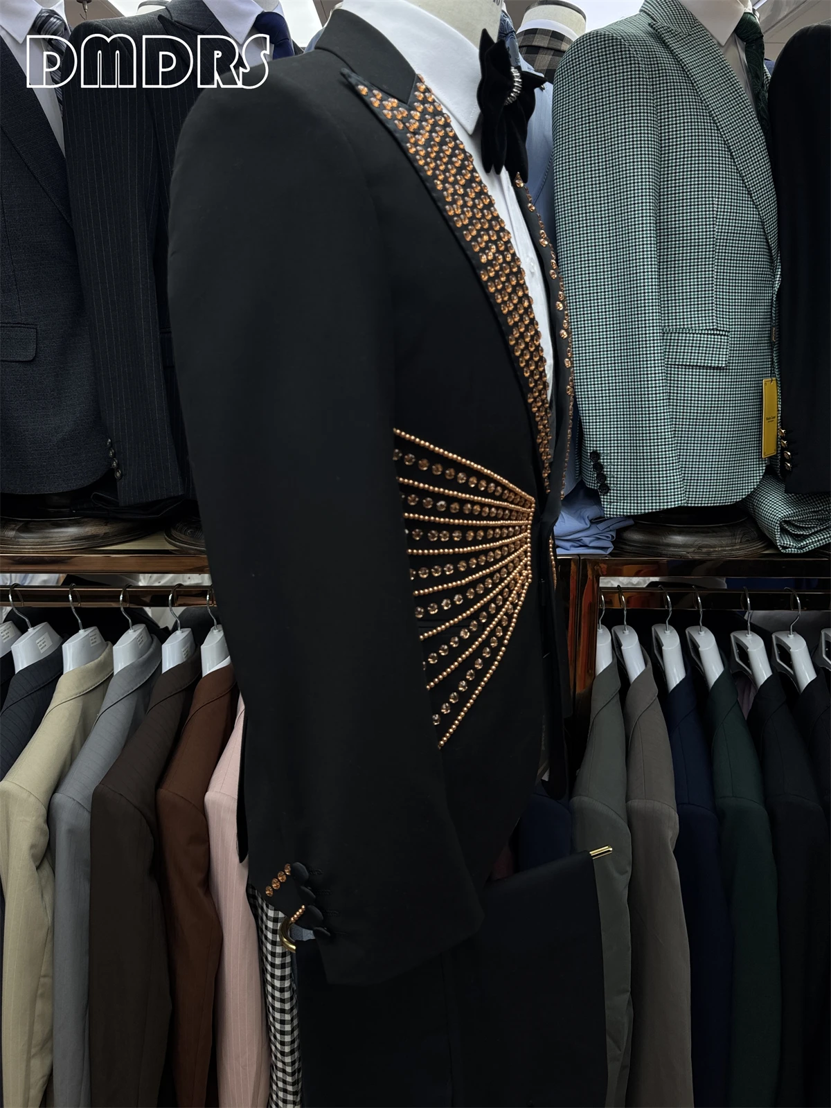DTLumika Роскошный мужской костюм с кристаллами, облегающий черный комплект из трех частей, брюки-смокинг, мужские официальные костюмы Haute Couture