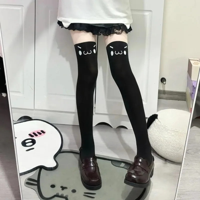 Japanische Kawaii Expression Oberschenkelsocken mit weißem Aufdruck, lange Socken, JK Harajuku Overknee-Strümpfe, Y2K Cosplay-Socken