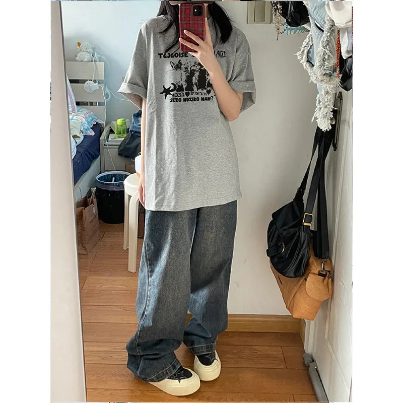 American Retro College Style Men/Women Summer New Cat Print Oversize Short Sleeved T-shirt image 3