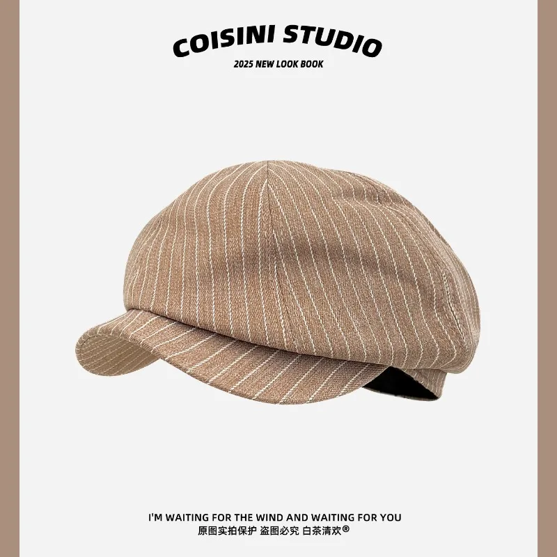 

Japanese Striped Berets Spring and Autumn Men's and Women's Fashion and Art Big Head Sunshade British Octagonal Newsboy Cap