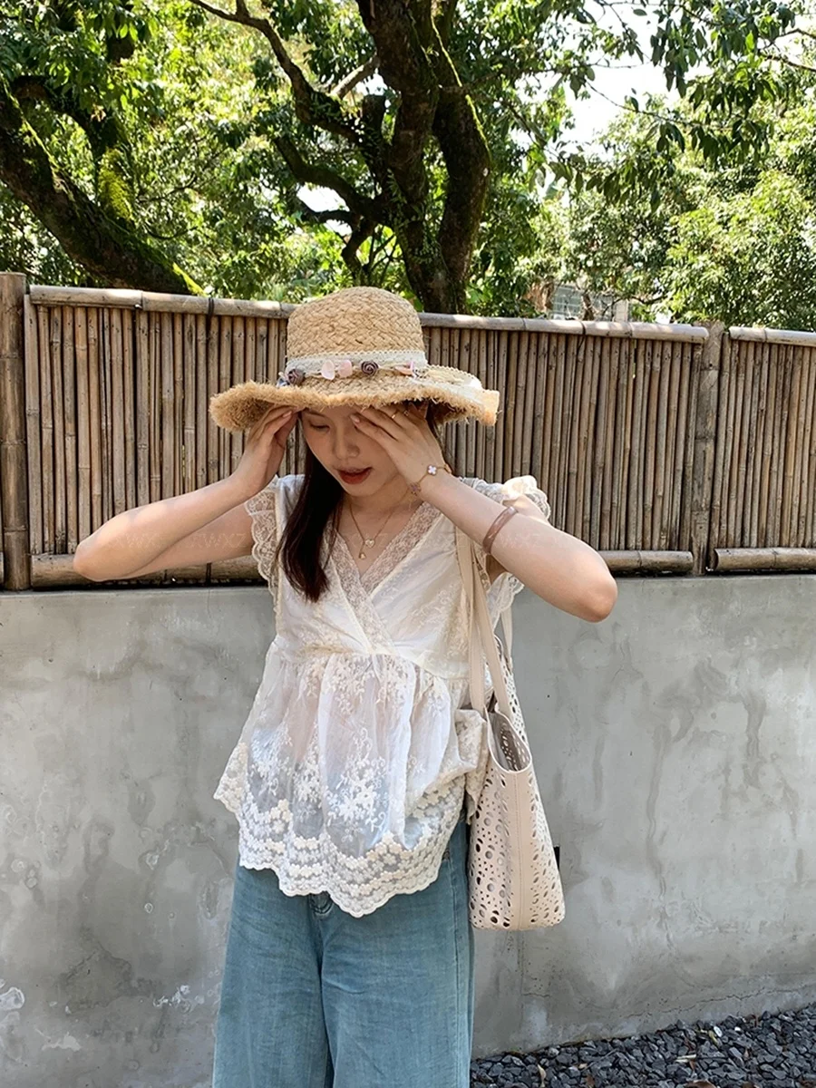 

Dongda Gate Summer New Sle Heavy Embroidery Lace Hook Flower Top Faionable Versatile Korean Loose Fit ort Sve V-Ne