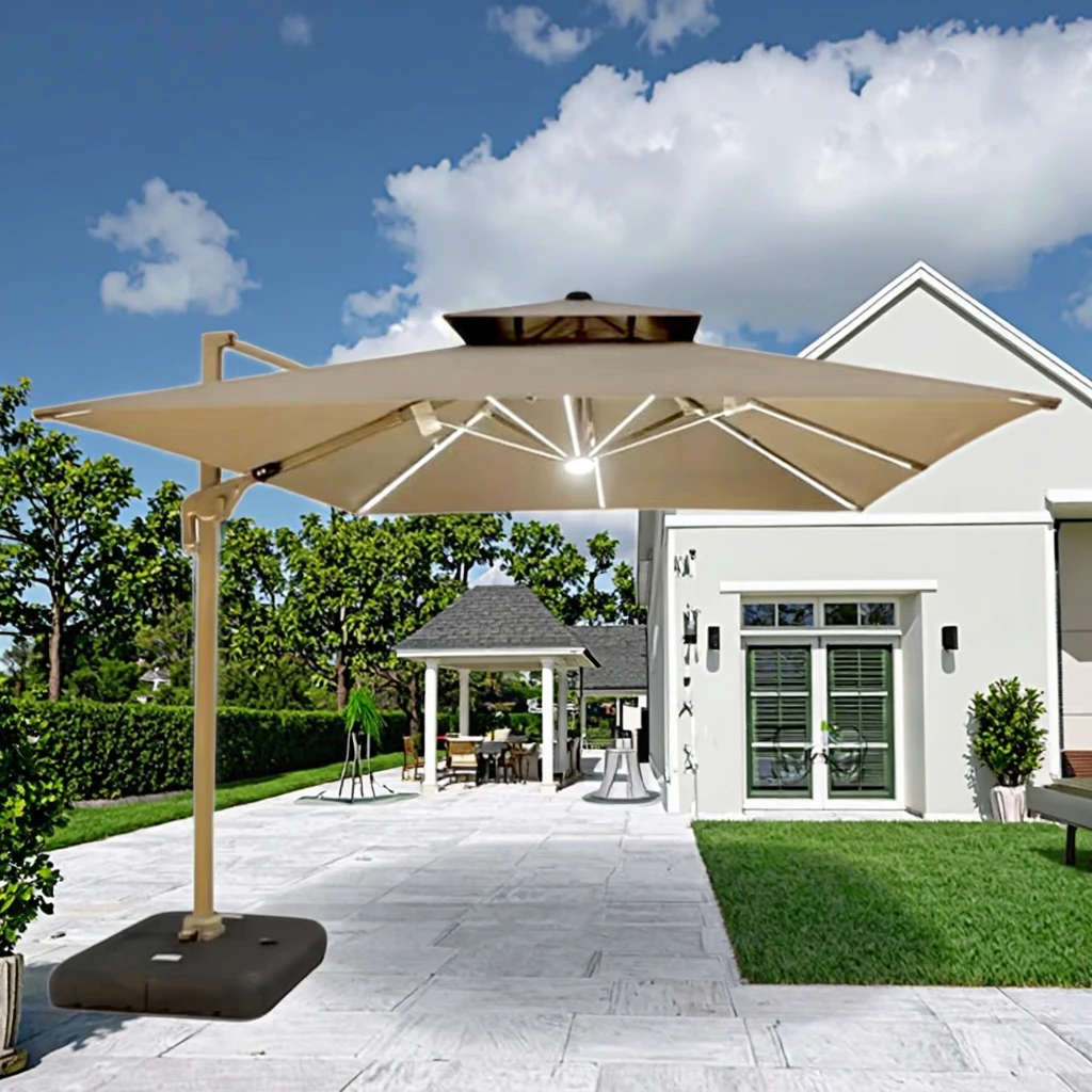 Modern Solar Light Parasol for Commercial Park Dining Areas Garden Villa Balconies & Courtyard Square Shape-Base Not Included