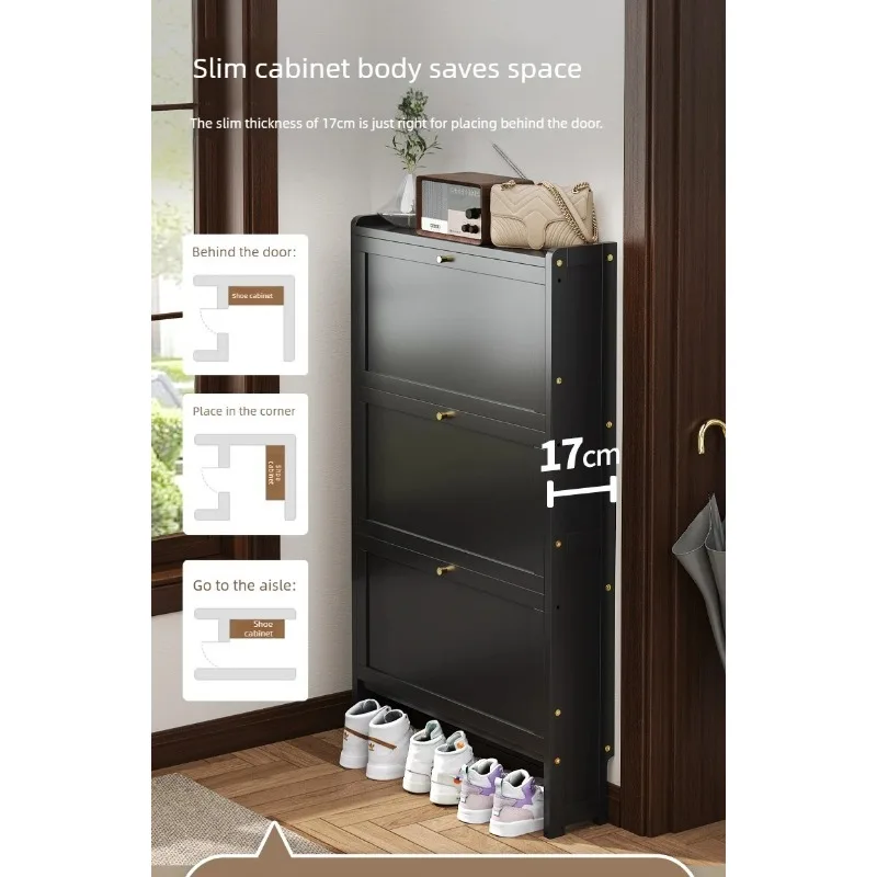 Minimally dustproof narrow shoe cabinet, ultra-thin multi-layer bamboo shoe cabinet, wall mounted flip door shoe storage cabinet