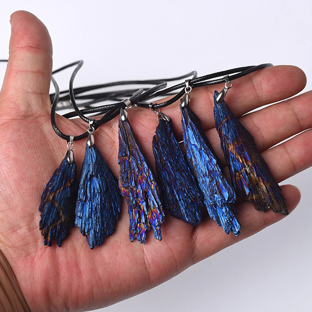 Natural Black Tourmaline Electroplated Blue Peacock Feather Pendant Titanium Coated Reiki Healing Crystals Charm Jewelry