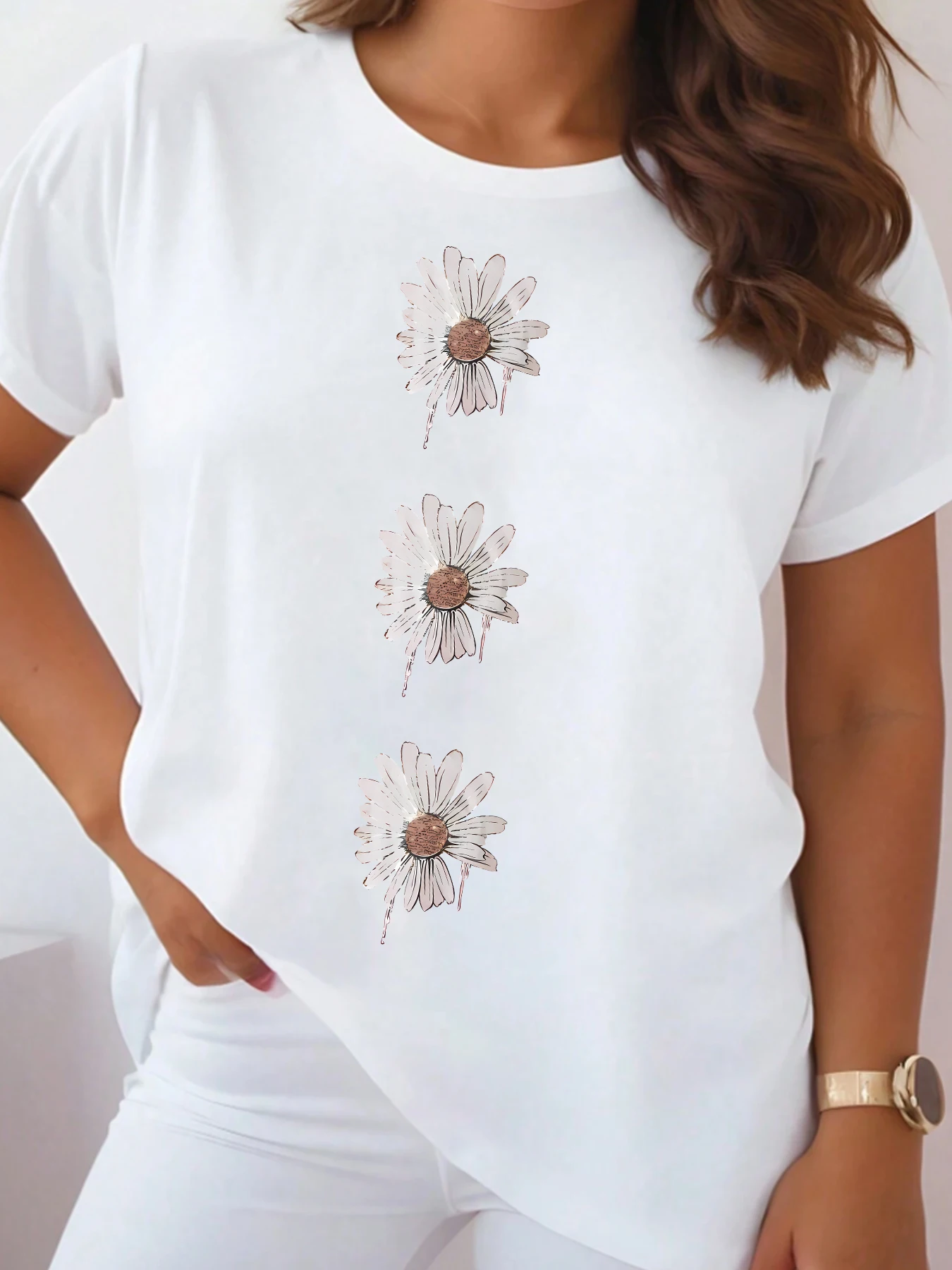 

Large size round neck women T-shirt short sleeve wild printed T-shirt elastic soft half sleeve T-shirt