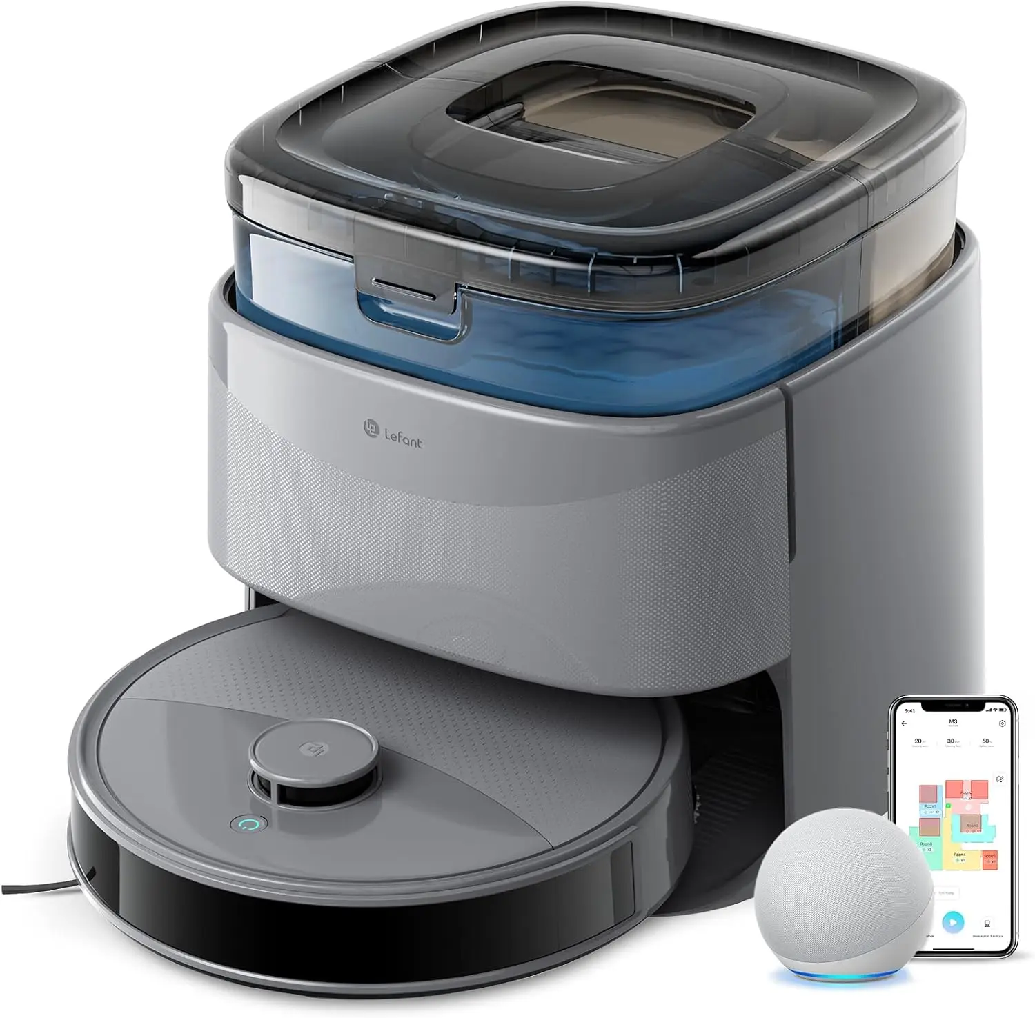 

Робот-пылесос и полотер M3 Max, сила всасывания 20000 Па, щетки с защитой от наматывания волос, самоочистка и автоматическая мойка