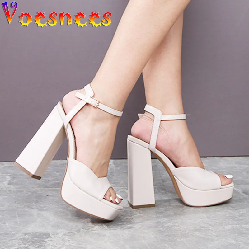 Ankle Buckle Strap Women Sandals Fashion Square Head High Heels Shoe Summer Office Shoes New Thick Heel Model Catwalk Show Pumps