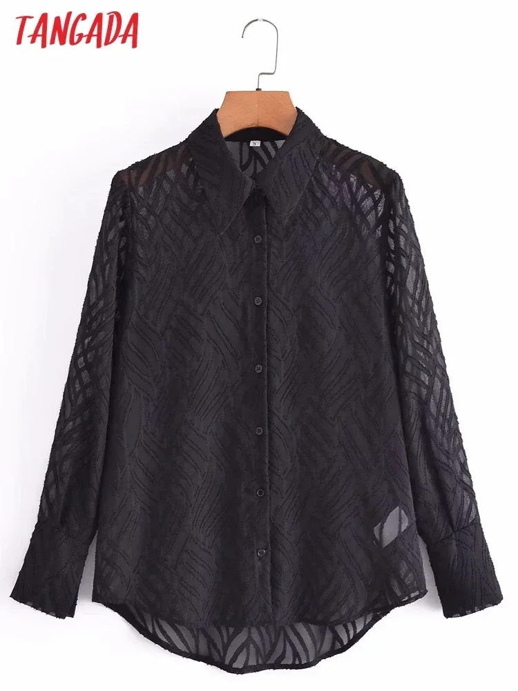 Tangada Women Black Jaquard Mesh Blouse Long Sleeve Chic Female Lady Tops 3A59