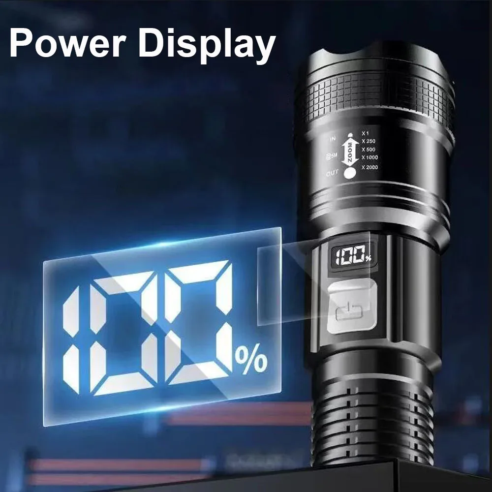 Most Powerful Long Shot LED Flashlight Zoomable Camping Torch Built-in 18650 Battery High Power Tactical Lantern for Outdoors