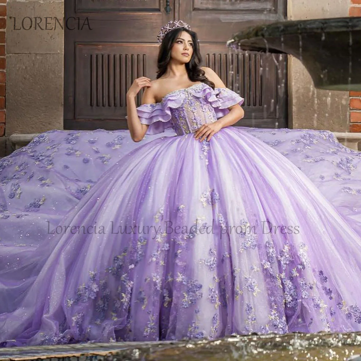 Vestido largo De quinceañera con purpurina, apliques con hombros descubiertos y cuentas, princesa 3D, flores, sin mangas, 2024