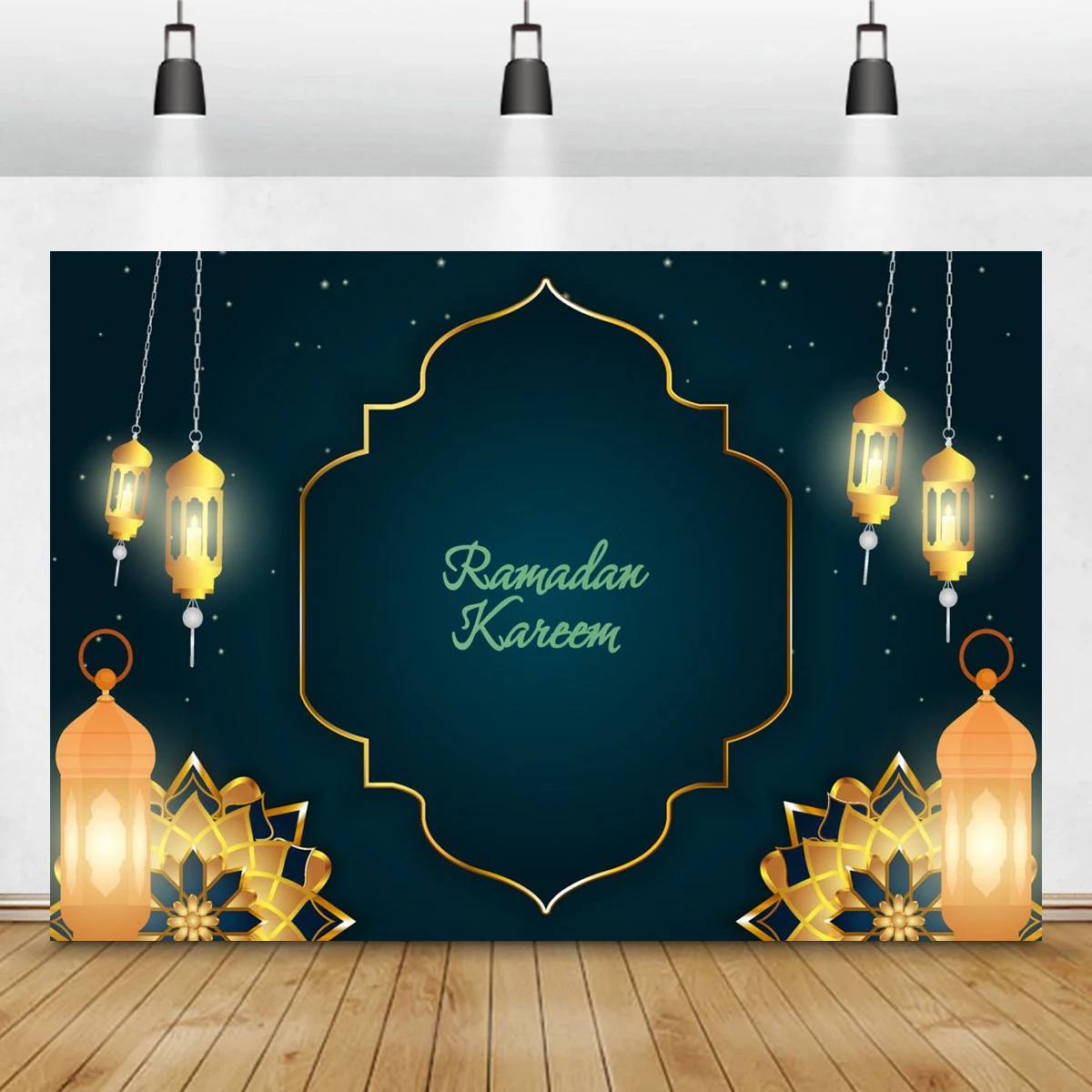 7x5ft Fabric Muslim Ramadan Kareem Backdrop Mosque Silhouette Golden Arch Moon Stars Lanterns Islamic Background Eid Mubarak