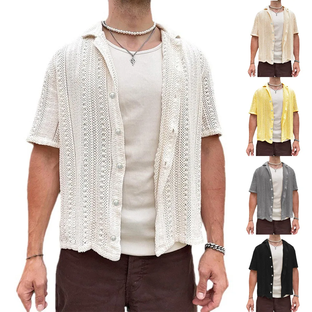 

2025 Summer New Men's Casual Knitted Cardigan Short Sleeve Top Men's Shirt Men's Clothing