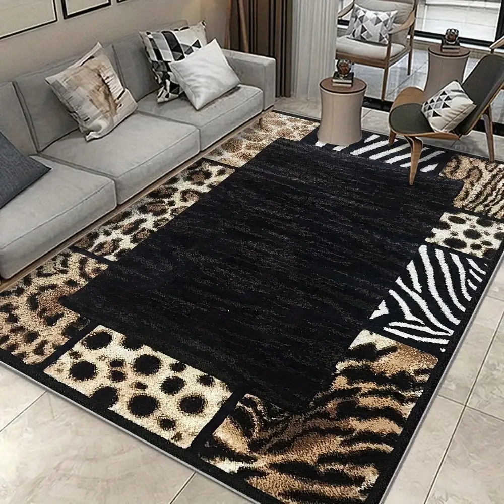 

1pc Black Center Animal Print Border Area Rug for Living Room Bedroom Non-Slip Machine Washable