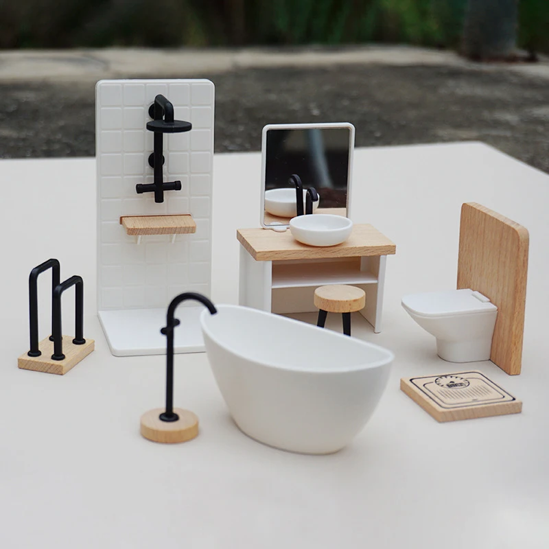 1 buah Aksesori furnitur miniatur dekorasi kamar mandi rumah boneka Model Toilet bak cuci simulasi kayu 1/12