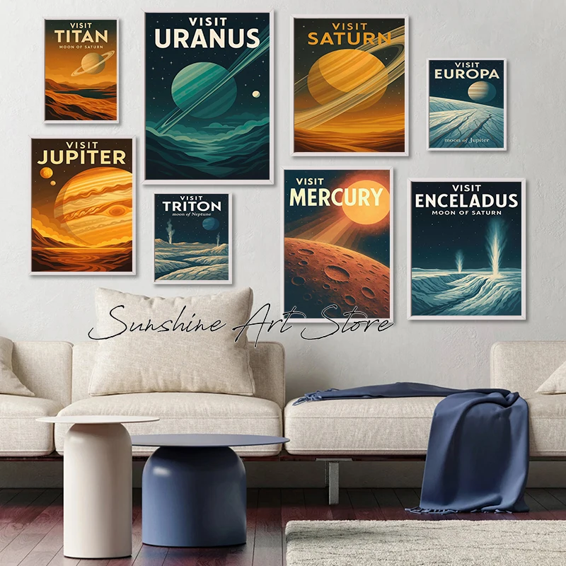 Vintage Travel of Space Exploration Visit Europa Venus Saturn Jupiter Uranus Sci-Fi Poster Canvas Painting Wall Pictures Decor