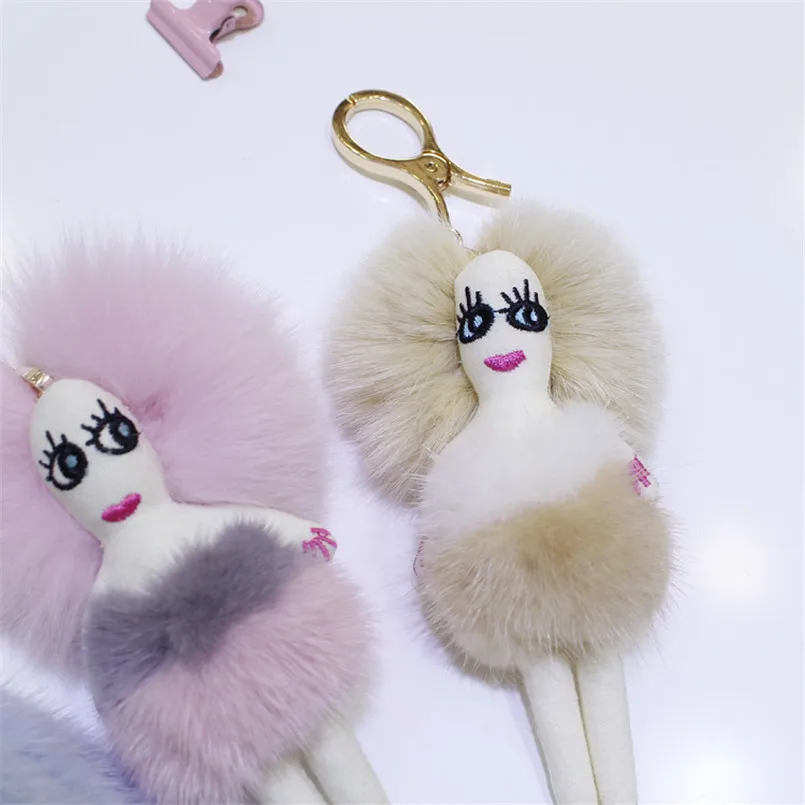 Cute Keychain Women Real Mink Fur with Fox Fur Key Rings for Girls Car Key Ring Crafts Doll Fluffy Bags Charm