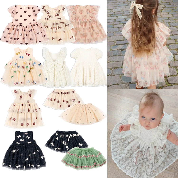 New 2026 KS Summer Girls Clothes Princess Kids Pretty Mesh Sequin Dresses Rose Cherry Mesh Flying Skirt Carnival Party Gifts