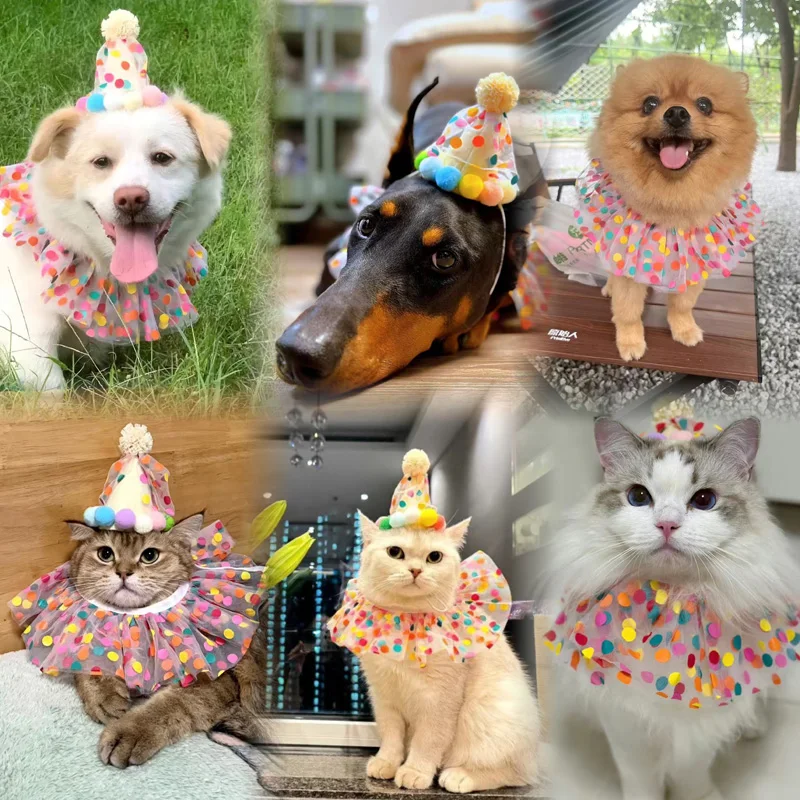 Pet Birthday Party Dog Hat Dot Lace Cat Bib Cute Small Medium Dogs Costume Cap Pet Products Puppy Accessories