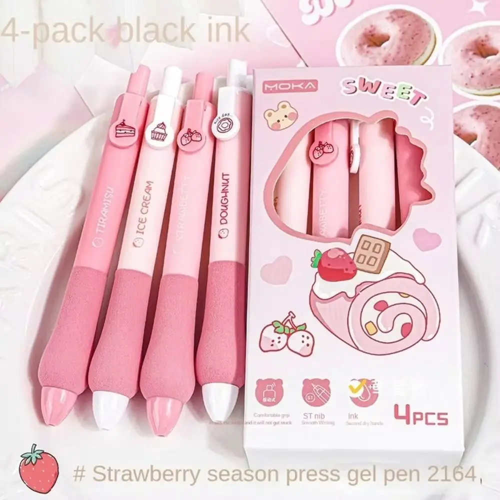 4pcs/set 0.5mm Capybara Gel Pen Black Ink Press Type Cute Pnada Gel Pen Sweat-proof Kawaii Strawberry Roll Cake Pen Kids