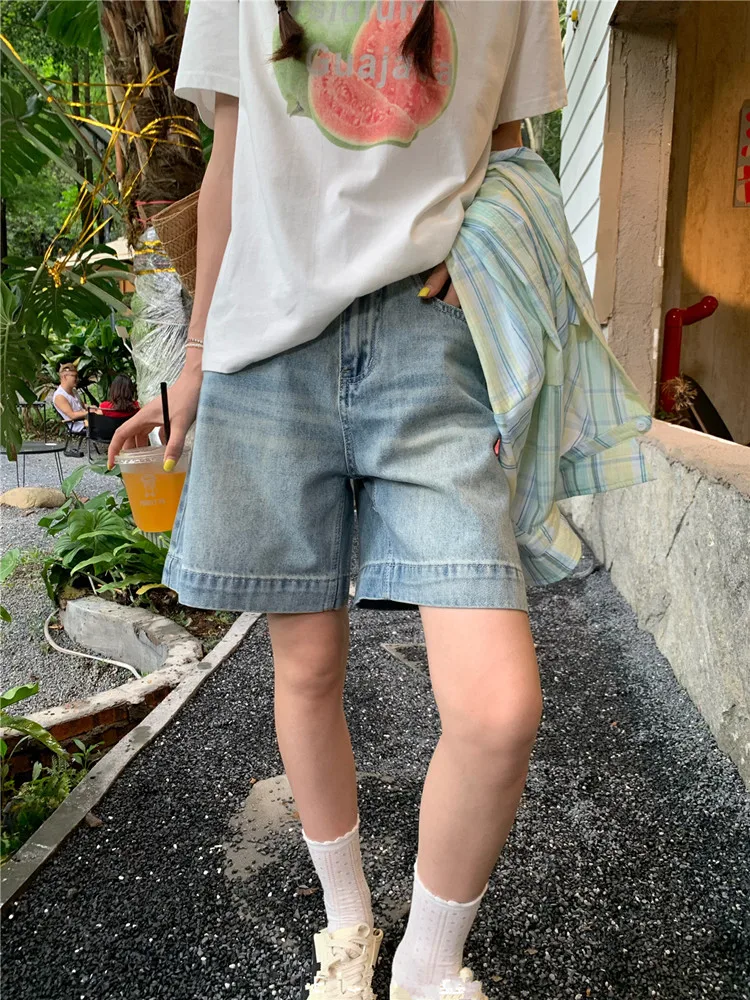 

Повседневные свободные винтажные джинсовые шорты, женские летние корейские модные джинсовые шорты с высокой талией, широкие женские короткие брюки