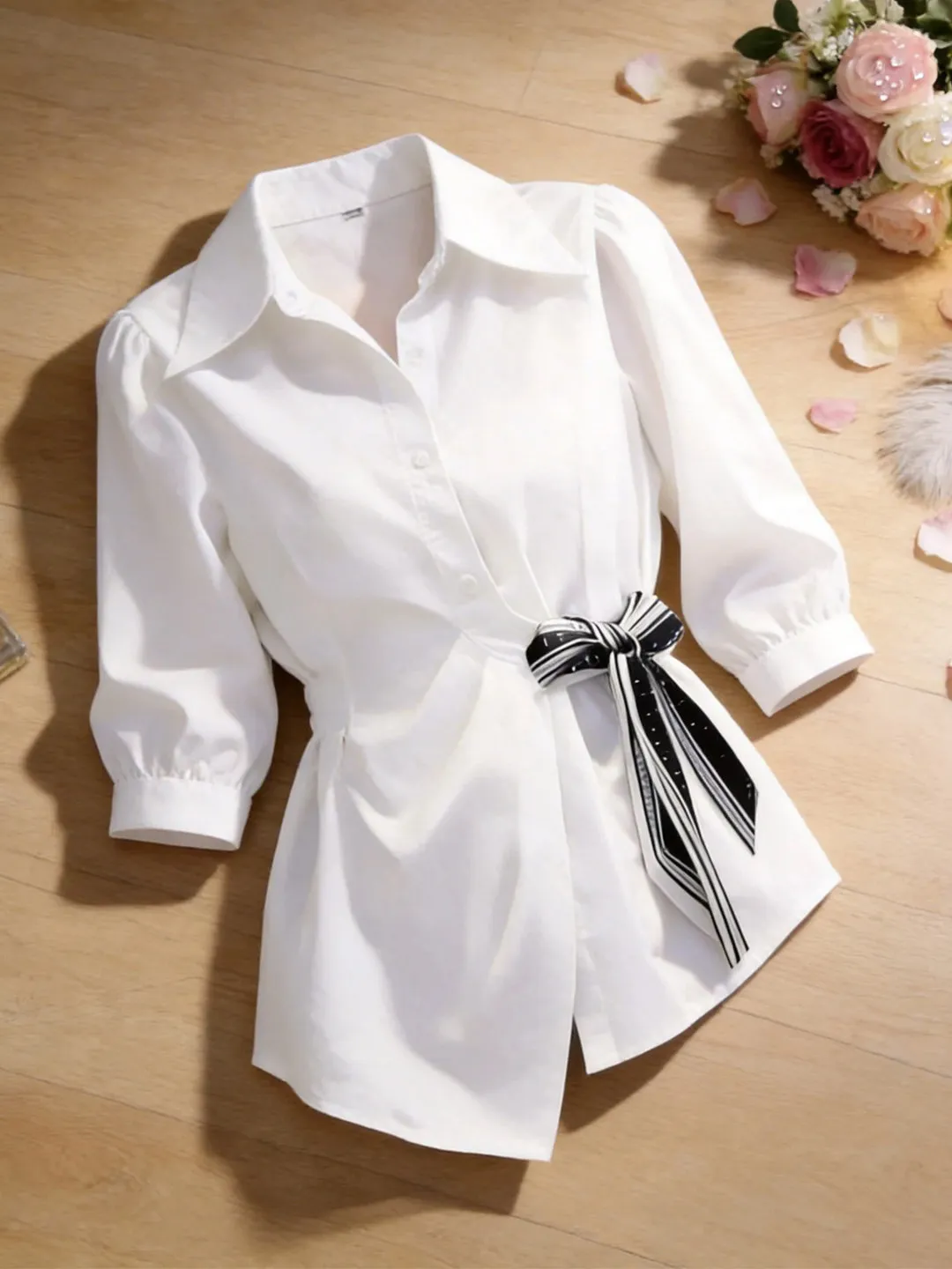 

Elegant White Shirt with Belt Waist Cinching Seven Sleeve Turn-down Collar Women's Spring Summer Fashion Gentle Breeze Style