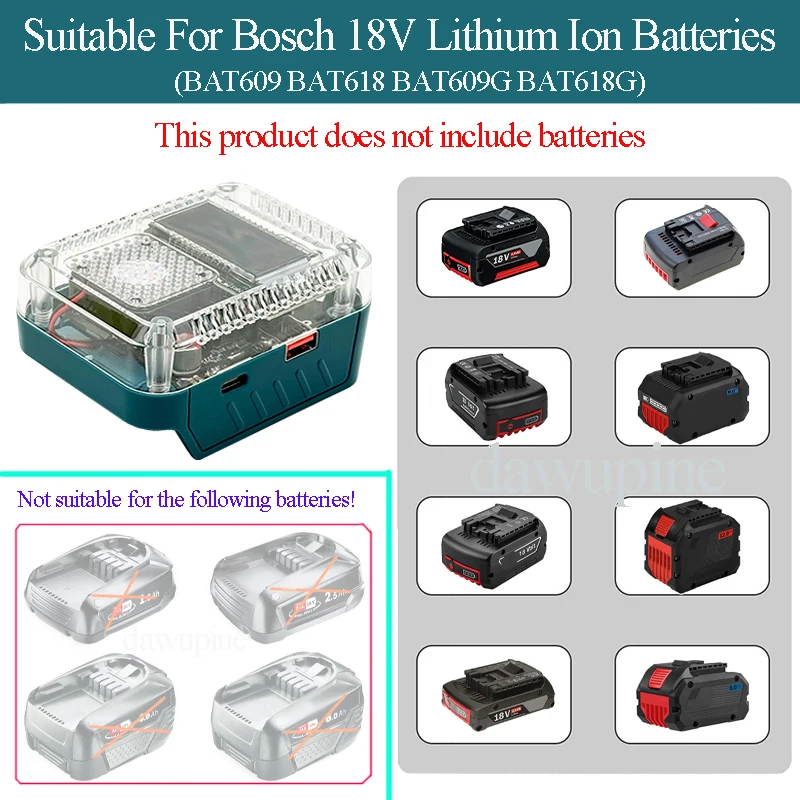 BAT618 Lithium Battery Case Adapter Converter For Bosch 18V Li-ion Battery Charger USB Type C Power Bank 1018K AL1820CV AL1830CV