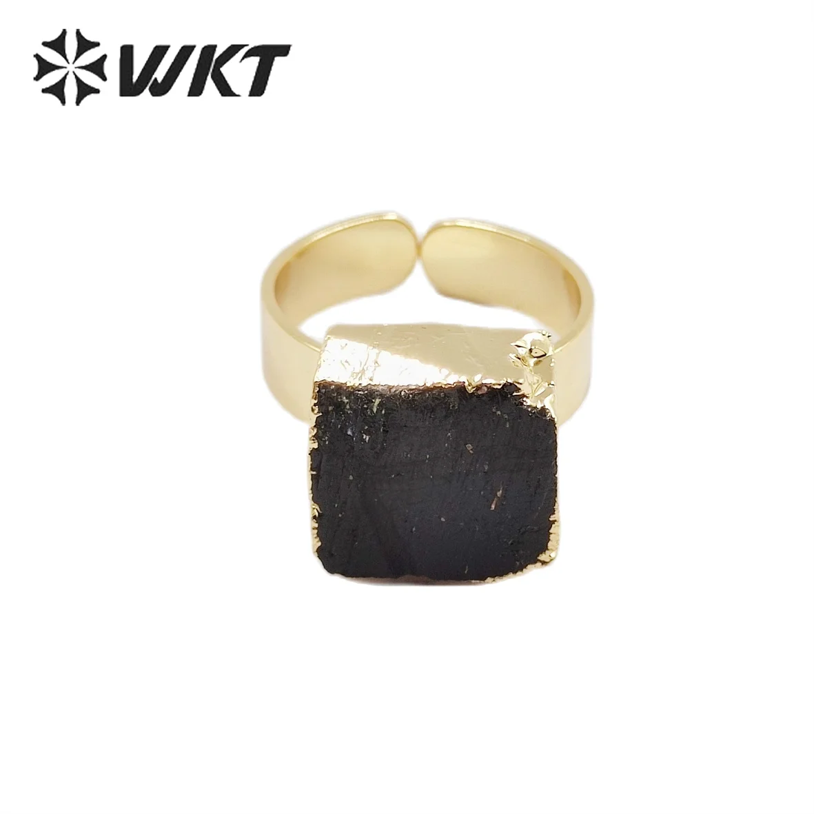WT-R439 Amazing Fashion Black Tourmaline Natural Stone Ring Women Style Gold Electroplated Resist Tarnishable 12MM Square Shape