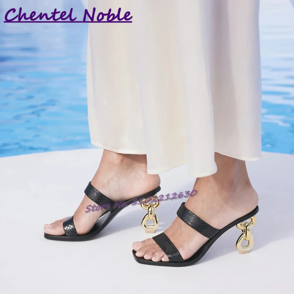 

Gold Buckle Heel Sandals Square Toe Metal High Heels Outside Mordern Slippers Summer Fashion Elegant Women Shoes Catwalk Party