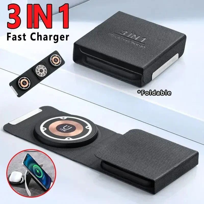 3 in 1 Foldable 30W Magnetic Wireless Charger Pad for iPhone 15 14 Pro Max Apple Watch AirPods Fast Charging Dock Station Stands