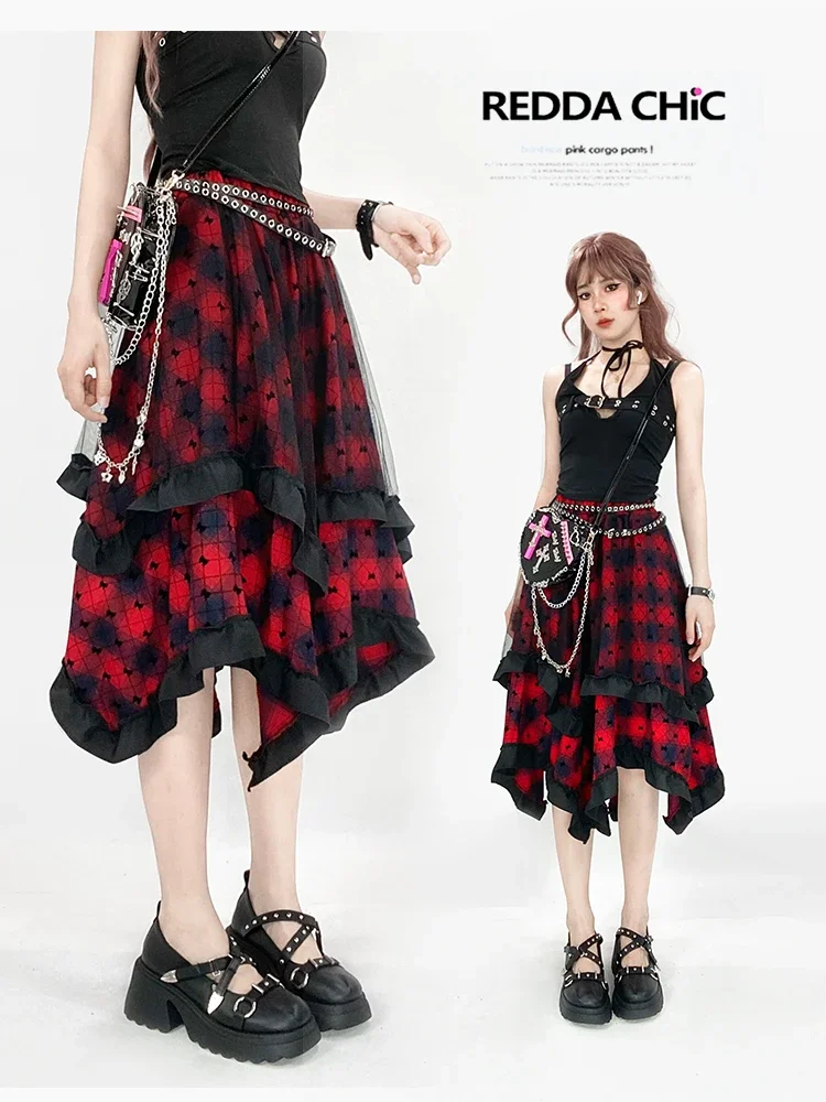 Gothic Lace Patchwork Plaid Fluffy Long Skirt, Spicy Girl Dress, Irregular Punk Skirt, Fashionable and Sexy, Y2k, Red, New