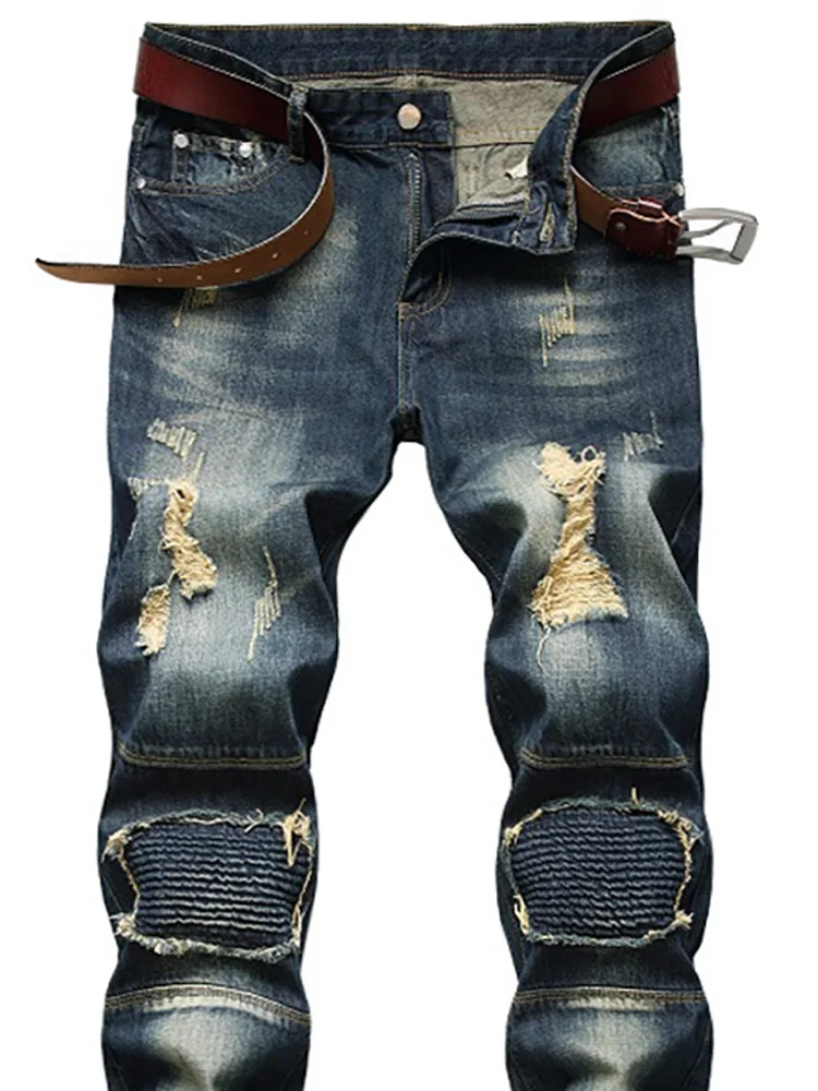 

Men's Retro Ripped Hole Jeans Cotton Casual Long Trousers Fashionable Distressed Denim Pants mid Waist Zipper Closure