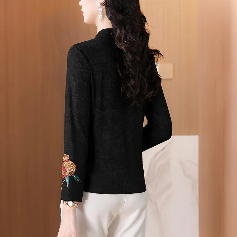 New 2026 Autumn Winter Chinese Style Long Sleeve Embroidered T-Shirt Women's High Collar Base Layer Shirt National Style Top