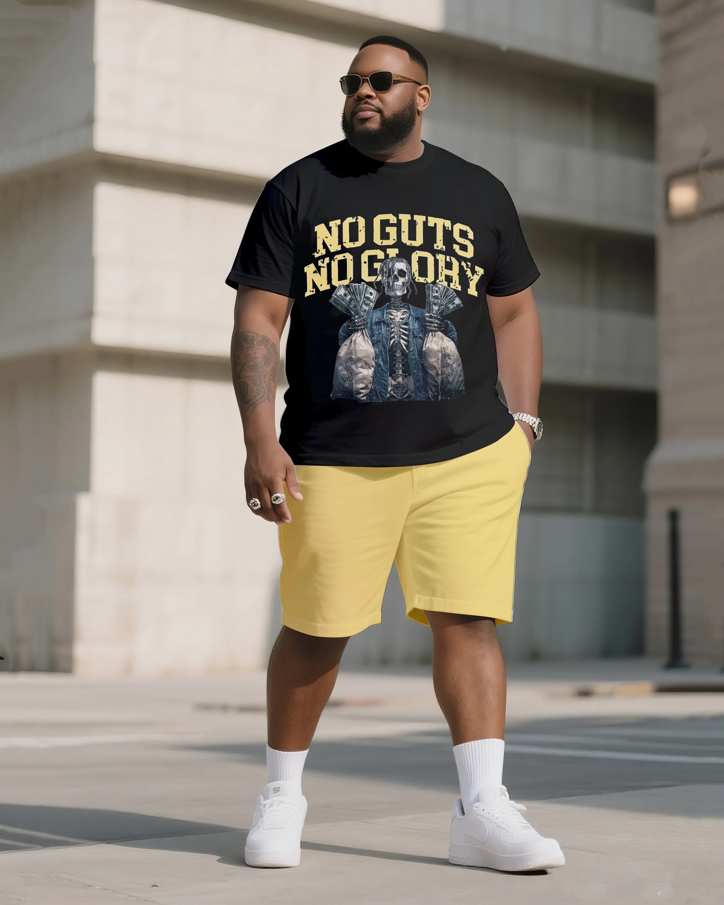 Ensemble T-shirt et short pour hommes, grande taille, motif tête de mort et argent, slogan « Pas de courage, pas de gloire », ensemble d’été en deux pièces à manches courtes, tailles S à 9XL.
