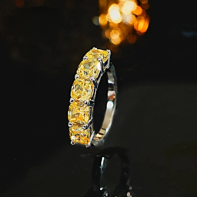 Light Luxury Pillow Shaped Artificial Yellow Diamond 925 Silver Row Diamond Ring Inlaid with High Carbon Diamond Radian Cut