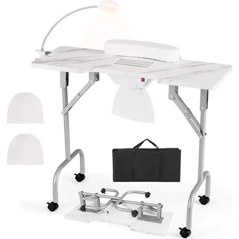 Foldable Nail Desk - Manicure Table with Built-in Dust Collector Fan, Adjustable LED Lamp, Client Wrist Pad, 4 Lockable Wheels,