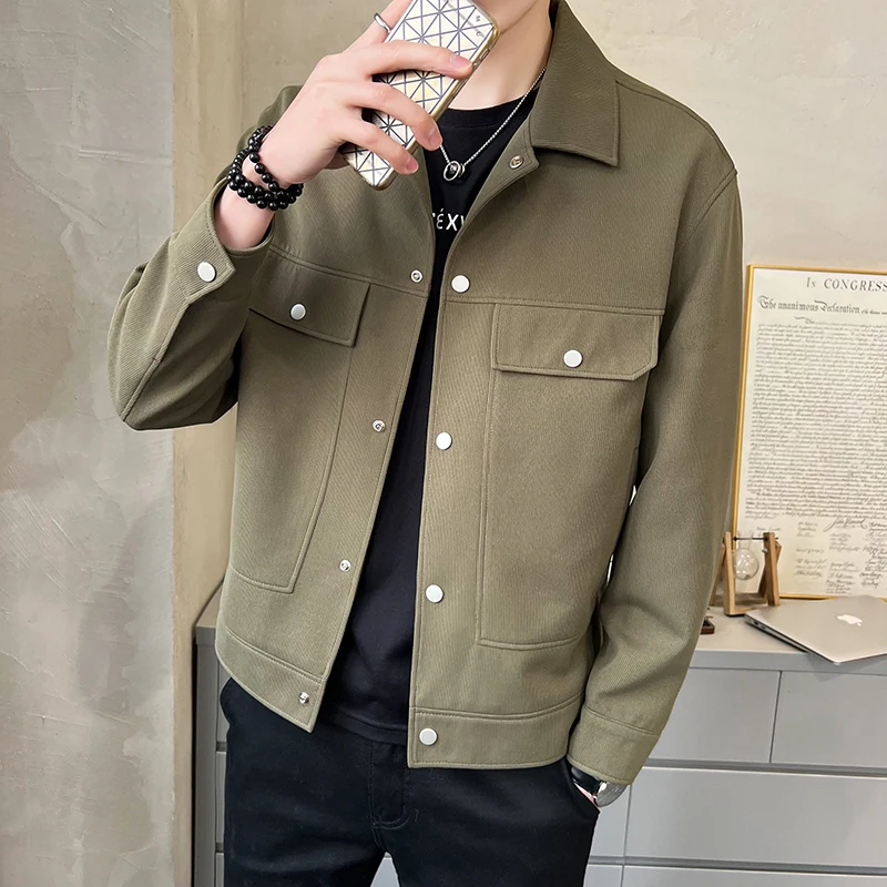 

2023 Spring Men's Pockets Button Jackets Autumn American Retro Uniform Solid Color Slim Tops Male Lapel Outwear Coats U55