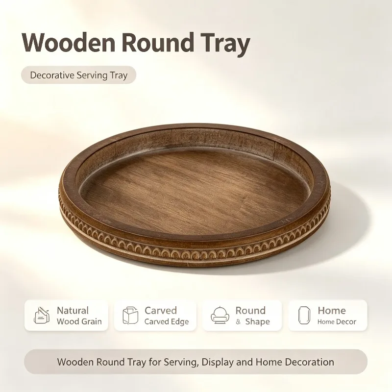 Vintage Round Solid Wood Serving Tray,Fruit Snack Cake Candle Plate, Decor Storage Display Tray For Home Table Decoration Supply