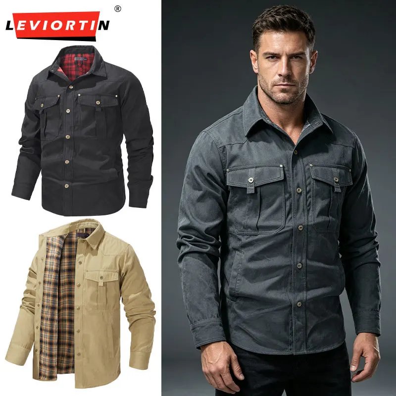 Men's Lapel Plaid Casual Cargo Jacket Multi Pocket Spring Autumn Retro Style Wash Cotton Work Style Button Down Shirt Jackets