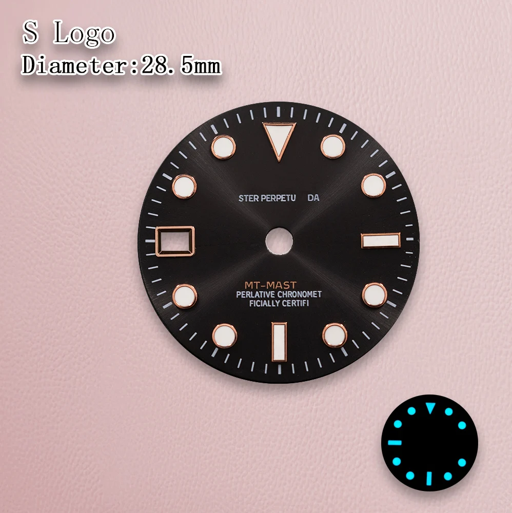S Logo 28.5mm Gmt Dial Black Sun Dial 9 o'clock calendar Fit NH34 Movement Ice Blue Luminous Watch Modification Accessories ﻿