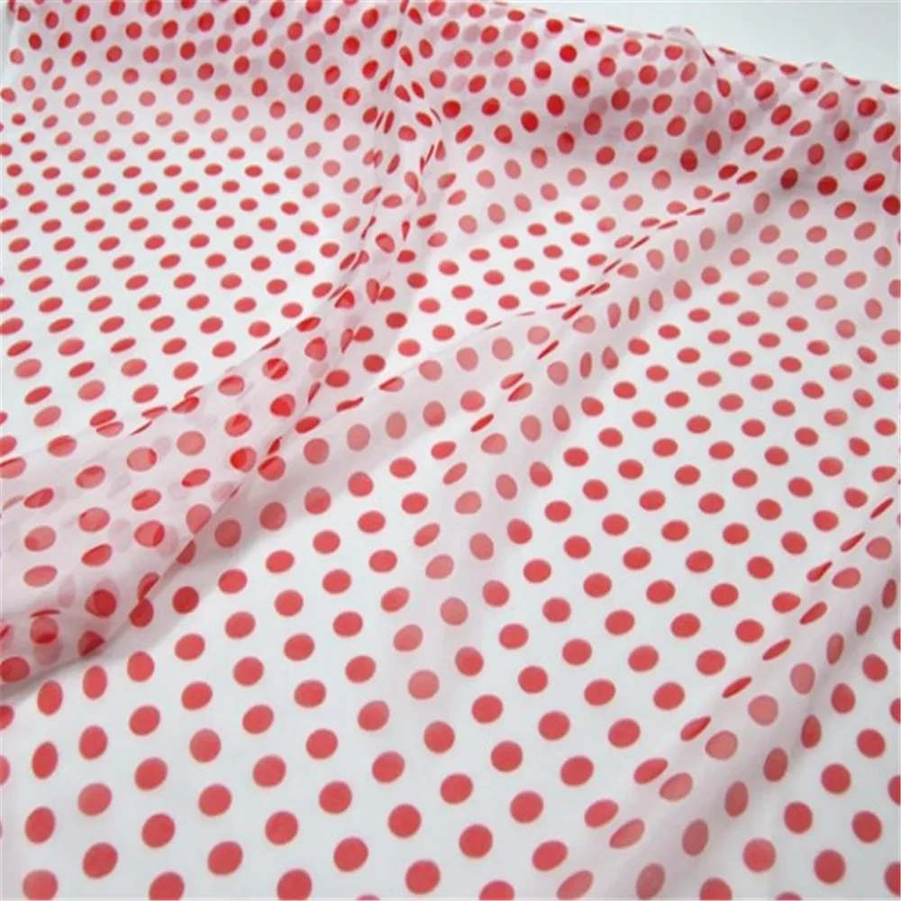 Modern Red Dot Printed Pure Silk Chiffon Fabric Pop Style for Women Fashion Party Long Dress