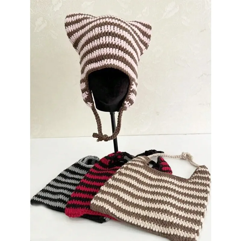 

Women's Hand-Stitched Cat Ear Striped Ear-Protecting Hat Winter Warm Soft Fashionable Knitted Color-Blocked Hollowed-Out Bag Hat