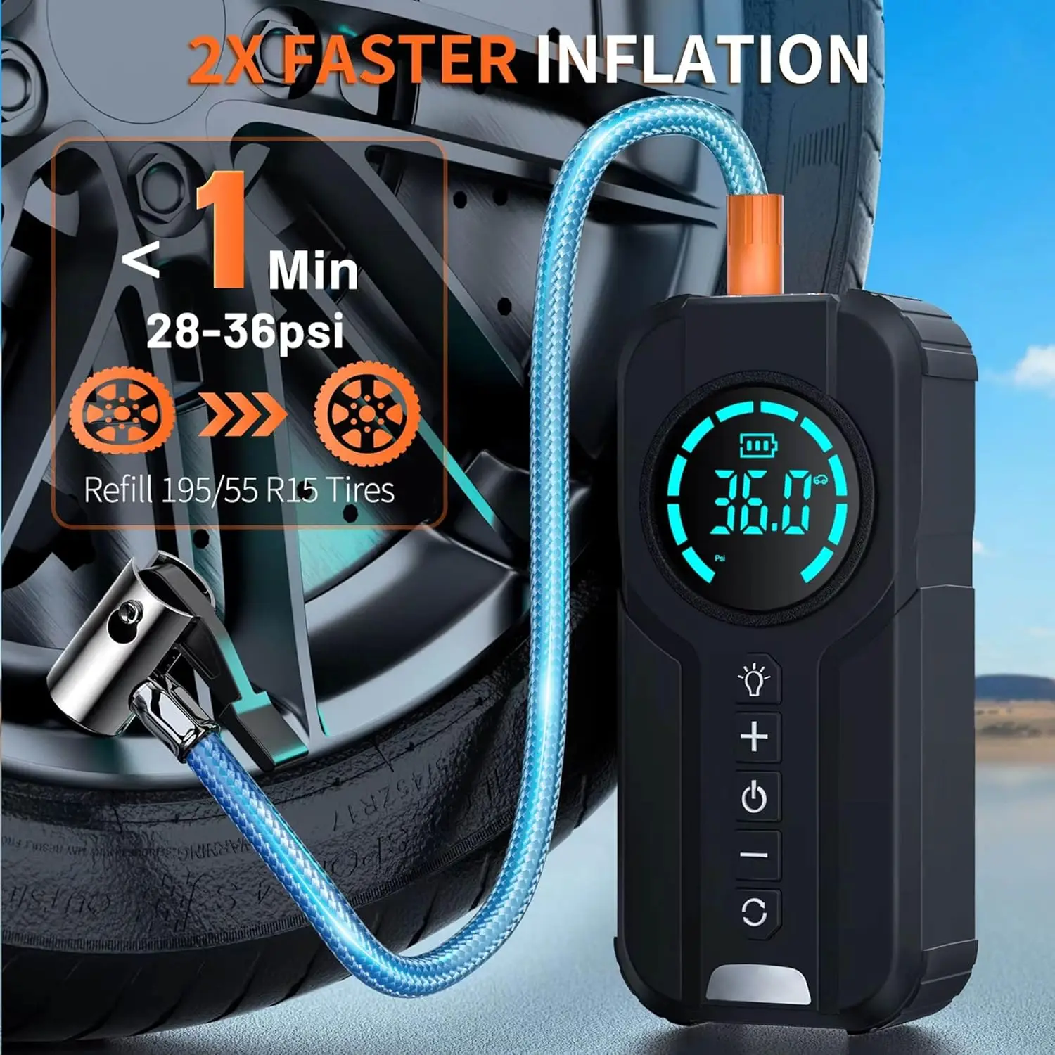 Arrancador de batería 6000A con compresor de aire, 150PSI, 12V portátil para gas de 6,0L y diésel de 3,0 L, incluye linterna y bolsa EVA