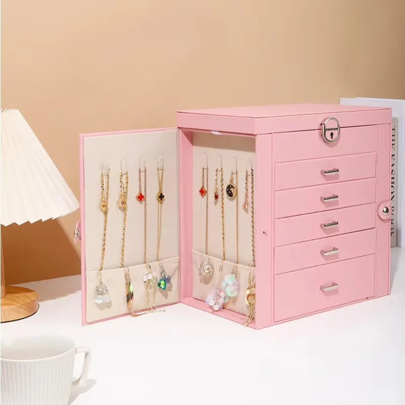 Scatole portaoggetti per trucco multifunzione in pelle PU impermeabile Scatola portaoggetti per esposizione di gioielli cosmetici a 5 strati