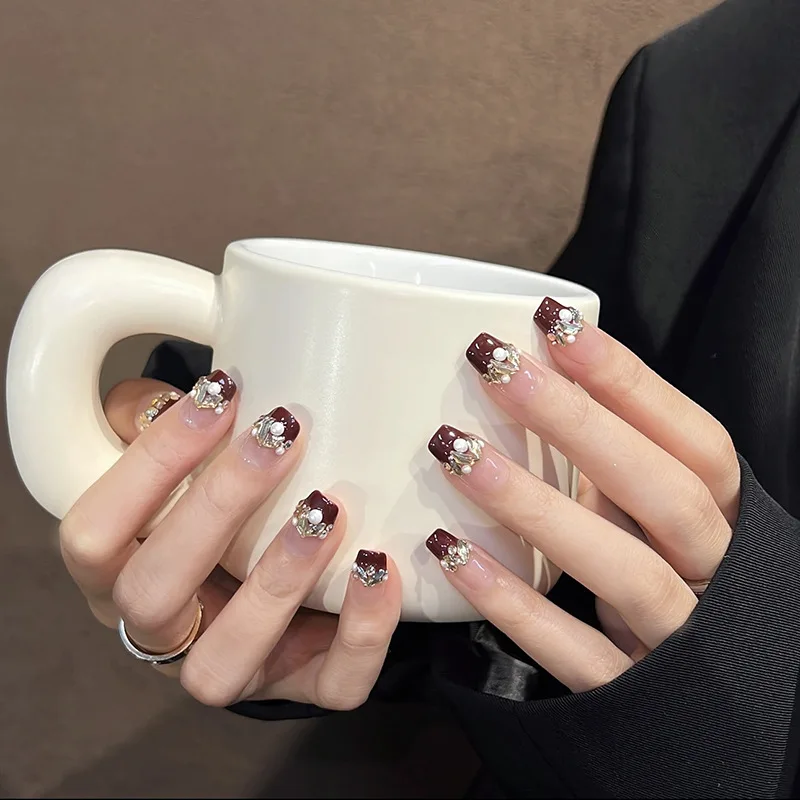 

10Pcs Handmade Nail Set Burgundy French Style with Pearl Accents and Press-On Nails Perfect Gift for Women and Friends