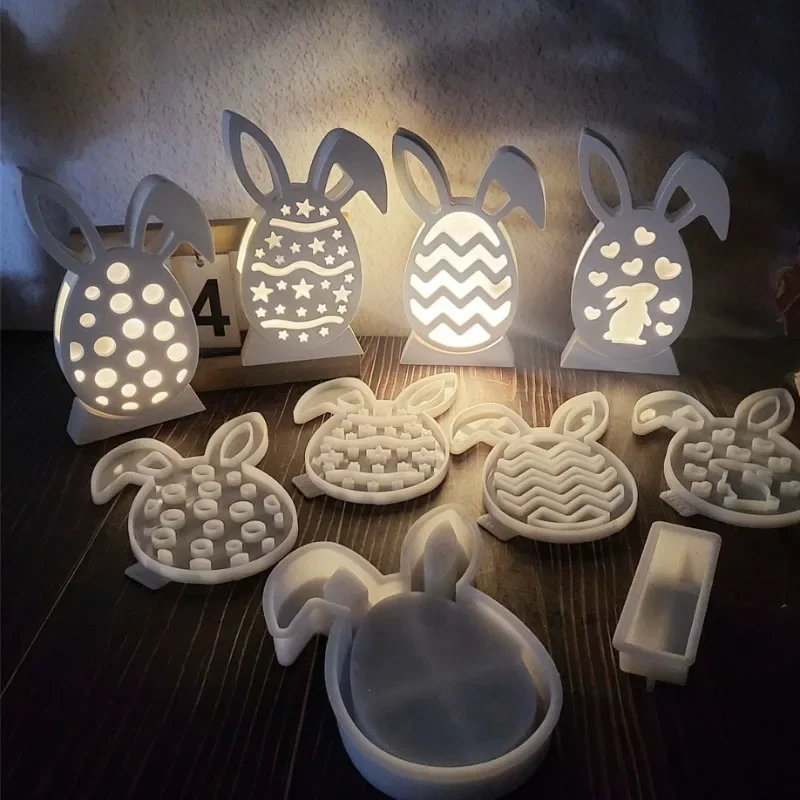 Hollow Easter Egg Rabbit Lamp Silhouette Silicone Mold DIY Gypsum Candle Base Plug-in Decorative Ornament Resin Mold Handicrafts