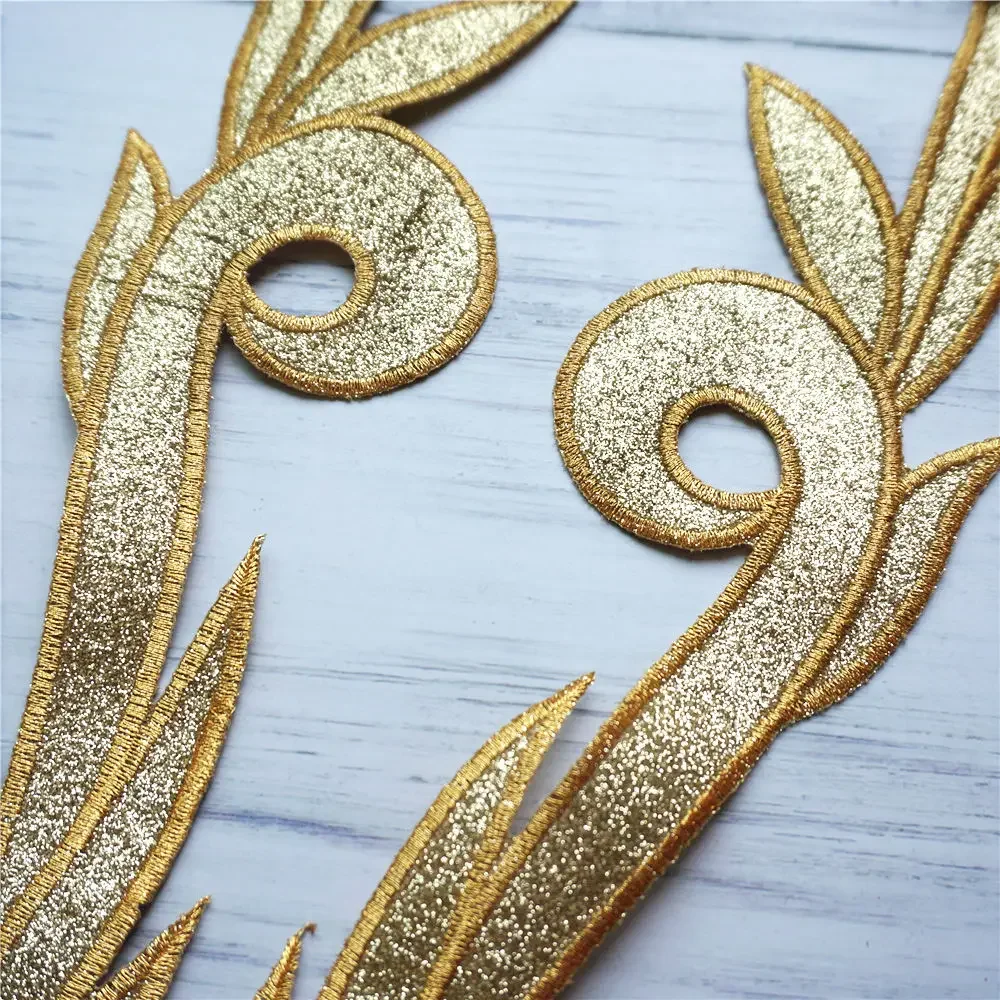 2Pcs Embroidered Gold Flower Baroque Applique Collar Iron Sew Patch Badges For Wedding Bridal Gown Clothes Dress Decor DIY Craft